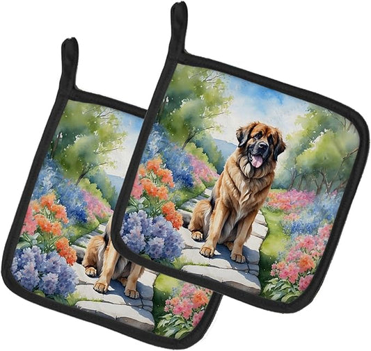 Caroline's Treasures Leonberger Spring Path Pair of Pot Holders Kitchen Heat Resistant Pot Holders Sets Oven Hot Pads for Cooking Baking BBQ, 7 1/2 x 7 1/2