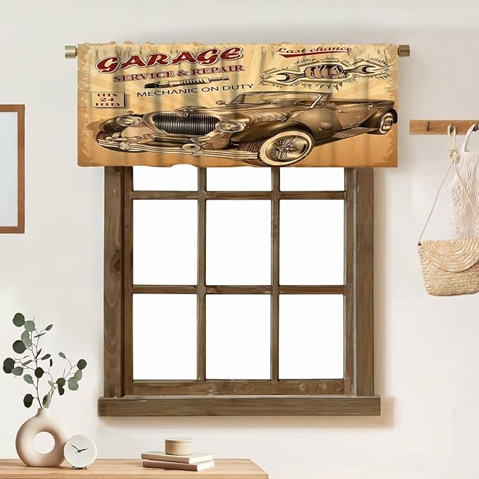 Vintage Car Valance Curtain Nostalgic Car Garage Service Repair Store Phrase Dated Rod Pocket Valance Window Treatments Short Curtains for Kitchen Living Room 54x18inch