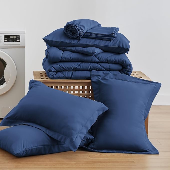 Love's cabin Full Comforter Set Dark Blue, 7 Pieces Full Bed in a Bag, All Season Bedding Sets with 1 Comforter, 1 Flat Sheet, 1 Fitted Sheet, 2 Pillowcase and 2 Pillow Sham | Soft, Breathable, Lightweight, Comfortable