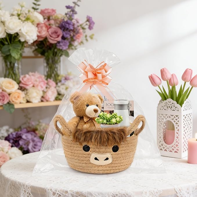 Highland Cute Cow Basket, Small Woven Rope Gift Basket with Bag Bow and Card, Empty Ribbon Cotton Storage Bin with Handles, Baby Shower 0rganizer Nursery Wedding Oval Shelves Decorative Bin