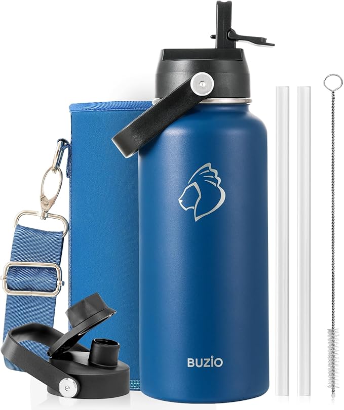 BUZIO 32 oz Water Bottle Insulated, Leakproof Stainless Steel Flask (Cold for 48 Hrs), Wide Mouth BPA-Free Metal Thermo Hydro Canteen with 2 Lids, Blue