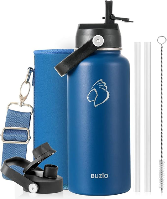 BUZIO 32 oz Water Bottle Insulated, Leakproof Stainless Steel Flask (Cold for 48 Hrs), Wide Mouth BPA-Free Metal Thermo Hydro Canteen with 2 Lids, Blue