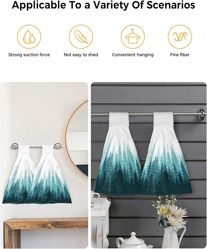 Alandar Home Kitchen Tie Towel Set of 2, Tree Forest Shadow Botanical Plants Absorbent Soft Hand Towels for Bathroom Hanging Towels, Teal Gradient on White Fast Drying Cleaning Cloth with Loop