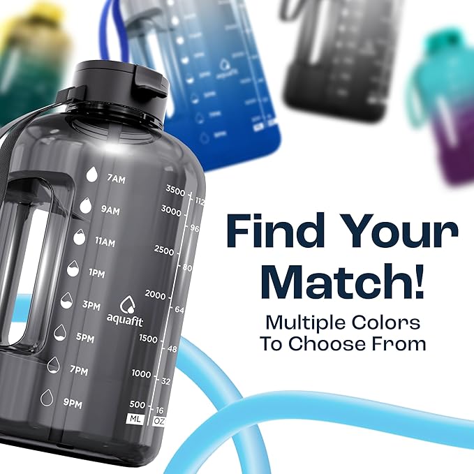 AQUAFIT 1 Gallon Water Bottle with Time Marker - Straw & Chug Lid - BPA Free Gym Water Bottle with Straw - Big Gallon Jug (Clarity, 128 oz - 2 Lids)