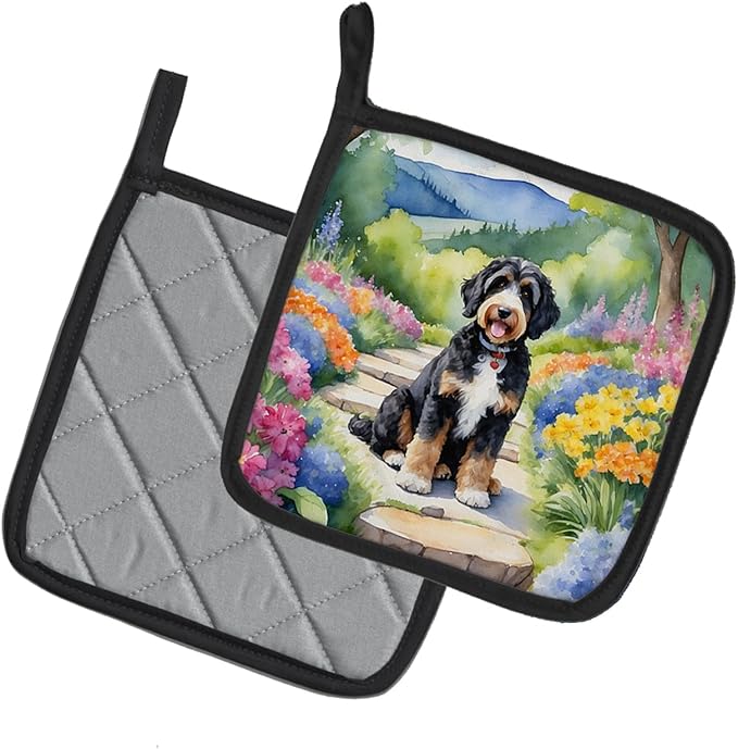 Caroline's Treasures Bernedoodle Spring Path Pair of Pot Holders Kitchen Heat Resistant Pot Holders Sets Oven Hot Pads for Cooking Baking BBQ, 7 1/2 x 7 1/2