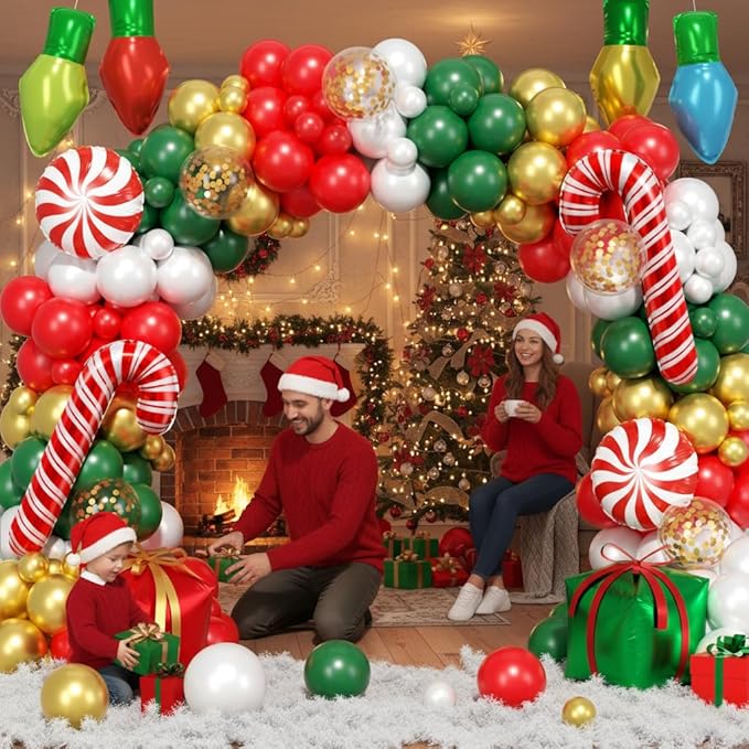 164Pcs Christmas Balloon Arch Garland Kit Xmas Red White Green Gold Latex Balloons Light Bulb Candy Cane Gift Box Foil Balloons Arch Kit for Christmas New Year Party Birthday Party Decorations