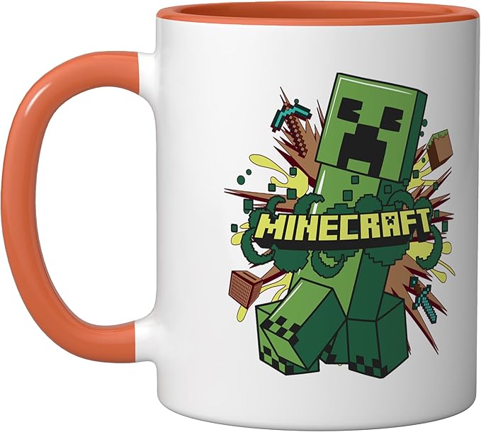 Minecraft Creeper Running From Explosion Ceramic Mug, Orange/White
