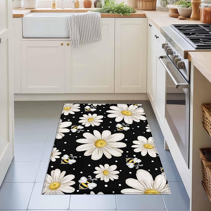 Area Rug 2x3ft, Watercolor White Floral Daisy Bee Washable Rugs for Living Room Bedroom, Blossom Flower on Black Soft Non-Slip Area Rugs Rectangle Floor Carpet for Dining Room