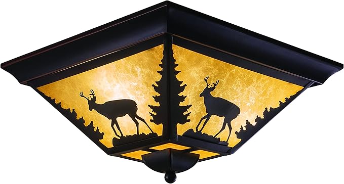 VAXCEL Bryce 14 Inch Flush Mount Rustic Ceiling Light, Deer Silhouette, Dimmable Indoor Outdoor Lighting, Burnished Bronze Finish, Amber Flake Glass
