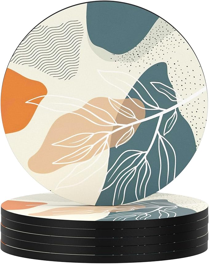 Nipichsha Coasters for Drinks, Set of 6 Cute Absorbent Rubber Drink Coasters for Cup with Non Slip Backing, Kitchen Home Decor Housewarming Gift, Round 4 in, Abstract Boho Leaf