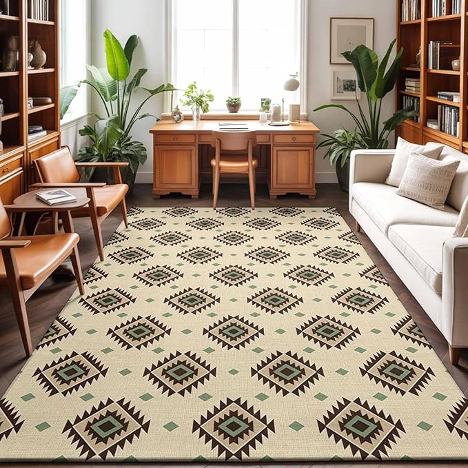 Area Rug 8x10ft, Boho Tribal Diamond Pattern Washable Rugs for Living Room Bedroom, Ethnic Style Art Soft Non-Slip Area Rugs Rectangle Floor Carpet for Dining Room