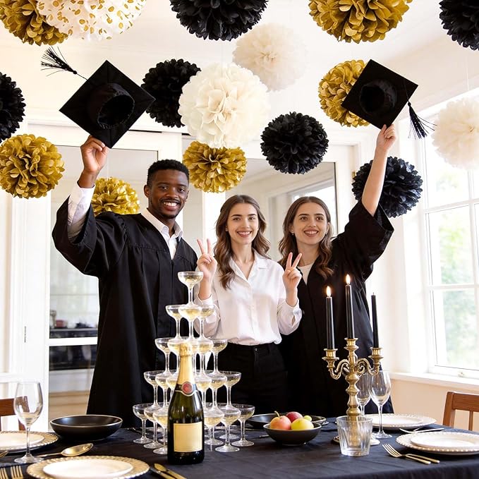 NICROLANDEE Black and Gold Party Supplies for 2026 Graduation - 12PCS Tissue Pom Poms 12" Decorative for Graduation, Wedding, Milestones Birthday for Men Women, Retirement Party, New Years Eve Party