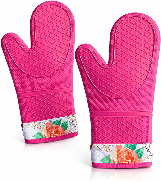 Pair of 2 Heat-Resistant Silicone Oven Mitts – Extra Long, Non-Slip Grip, Soft Cotton Lining, Perfect for Baking, Cooking & BBQ – 13” x 7” Kitchen Gloves (Pink Rose)