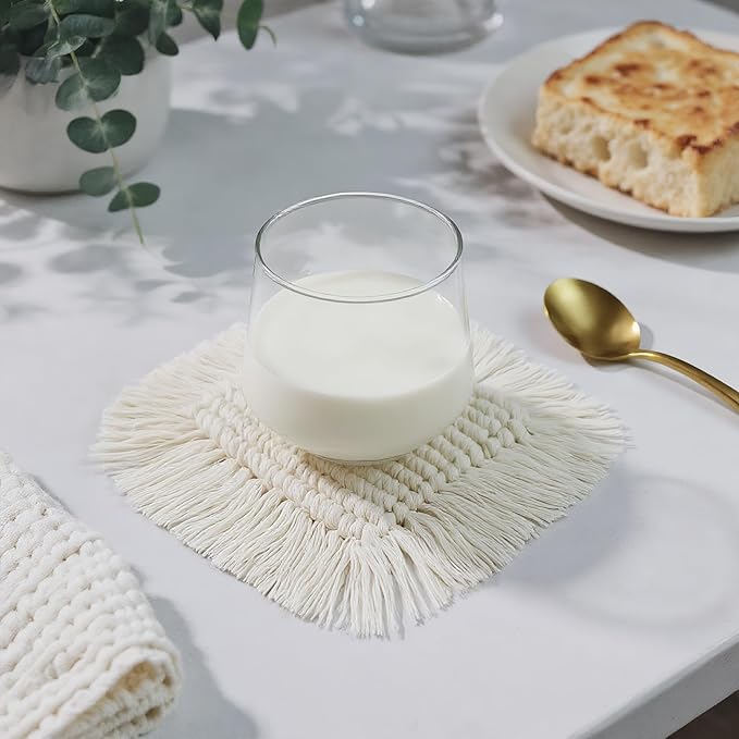 Boho Macrame Coasters Set of 2,Absorbent Coaster for Drinks, Round Handmade Woven Coasters for Boho Home Decor, CupCoasters for Office Desk, Kitchen, Dining Room, Bar (S-Beige(2pcs)/6.3in)