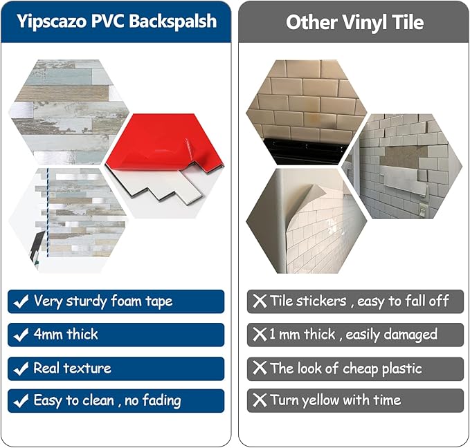 Yipscazo 10 Sheets Peel and Stick Stone Metal Tile Backsplash, Stick on Tiles for Backsplash Kitchen, Bathroom, Laundry Room, Camper, Fireplace (12'' X 12'', White Wood with Metal)