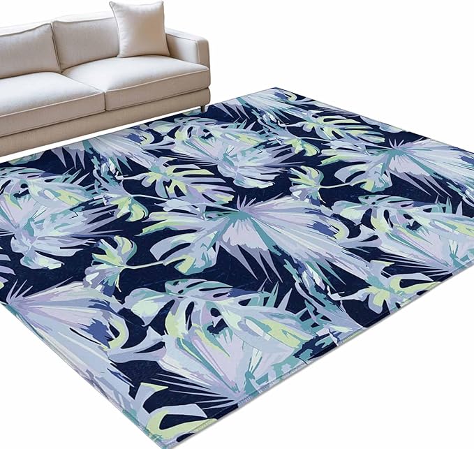 Area Rug 9x12ft, Watercolor Blue Teal Palm Leaves Washable Rugs for Living Room Bedroom Rectangle Floor Carpet, Abstract Botanical Soft Non-Slip Area Rugs for Dining Room