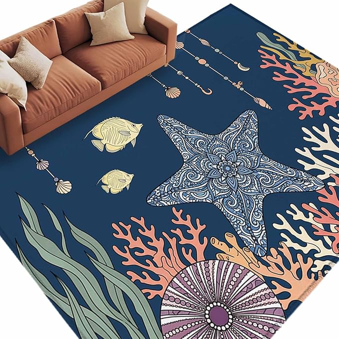 Area Rug 9x12ft, Ocean Starfish Coral Fish Washable Rugs for Living Room Bedroom Rectangle Floor Carpet, Underwater Creature on Navy Blue Soft Non-Slip Area Rugs for Dining Room