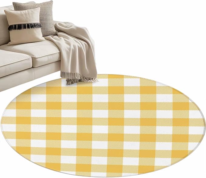 Washable Round Area Rug Rustic Country Yellow and White Buffalo Lattice Checked Circle Rugs Floor Carpet for Living Room Bedroom, Farm Style Soft Non Slip Round Rug 3ft