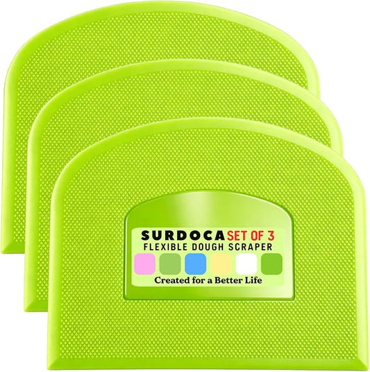 SURDOCA Dough Scraper Bench Scraper - 3P 9.5x6.1" Plastic Flexible Bowl Scraper, Sharp Edge & Angles Cake Scraper. Non-Slip Bakeware Decorating Tools Sculpting & Modeling Tools - Pure Green