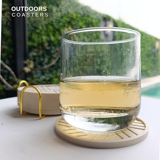 Silicone Drinks Coasters Set of 6 - with Gold Holder, smart Modern Grooved Pattern to Prevent Sticking from Cups, Protecs to Coffee Tables, Boho Vintage Home Office bar Decor - Beige