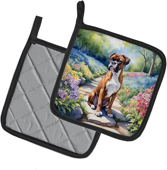 Caroline's Treasures Boxer Spring Path Pair of Pot Holders Kitchen Heat Resistant Pot Holders Sets Oven Hot Pads for Cooking Baking BBQ, 7 1/2 x 7 1/2