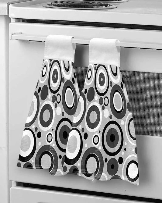 Alandar Home Kitchen Tie Towel Set of 2, Modern Circle Gray Black White Absorbent Soft Hand Towels for Bathroom Hanging Towels, Abstract Geometric Art Fast Drying Cleaning Cloth with Loop