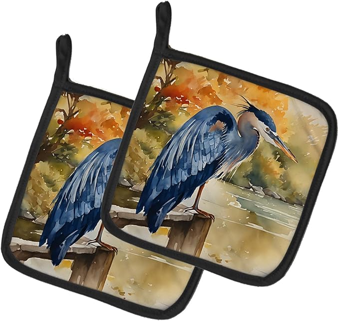 Caroline's Treasures Blue Heron Pair of Pot Holders Kitchen Heat Resistant Pot Holders Sets Oven Hot Pads for Cooking Baking BBQ, 7 1/2 x 7 1/2