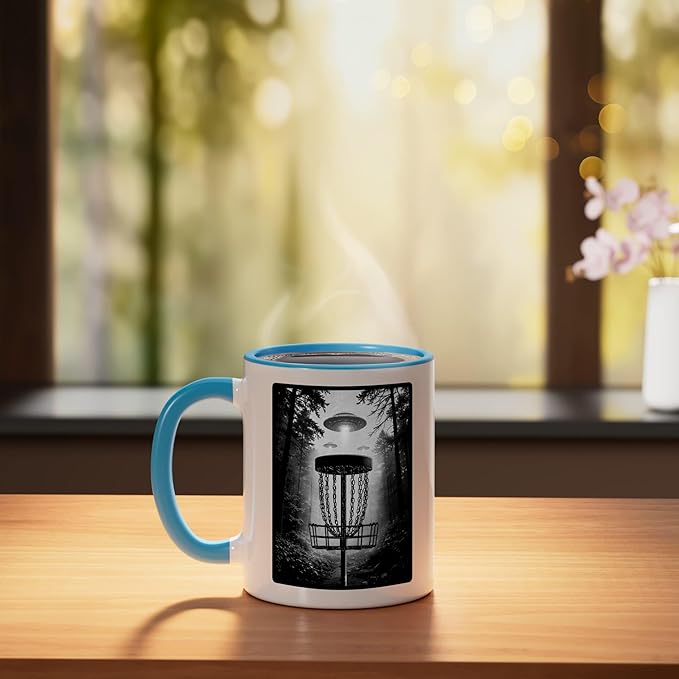 Disc Golf Basket UFO Selfie Funny Alien Wooded Hole Course Ceramic Mug, Blue/White