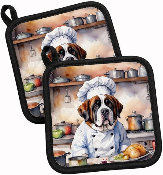 Caroline's Treasures Saint Bernard The Chef Pair of Pot Holders Kitchen Heat Resistant Pot Holders Sets Oven Hot Pads for Cooking Baking BBQ, 7 1/2 x 7 1/2