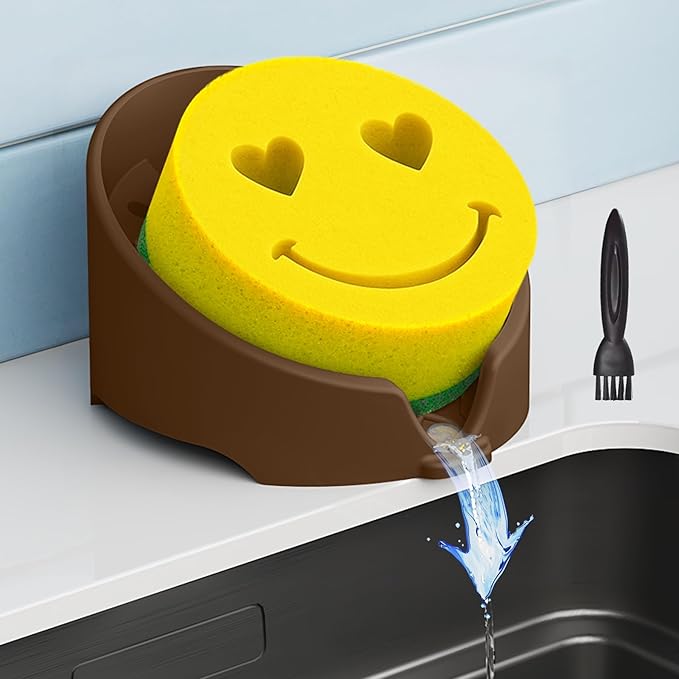 NiHome Silicone Sponge Holder Compatible with Scrub Daddy Mommy Sponges for Kitchen & Bathroom,Auto Draining Organizer,Holds Multiple Sponges & Cleaning Tools, Food-Grade,Dishwasher Safe(Coffee Brown)
