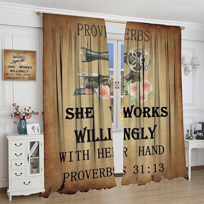 Sewing Machine Blackout Curtain,Vintage Rustic Sewing Theme Flower Rose Cloth Farbic Window Curtains for Bedroom Cafe Dining Room Office Living Room Kitchen Drapes, 55x63 in