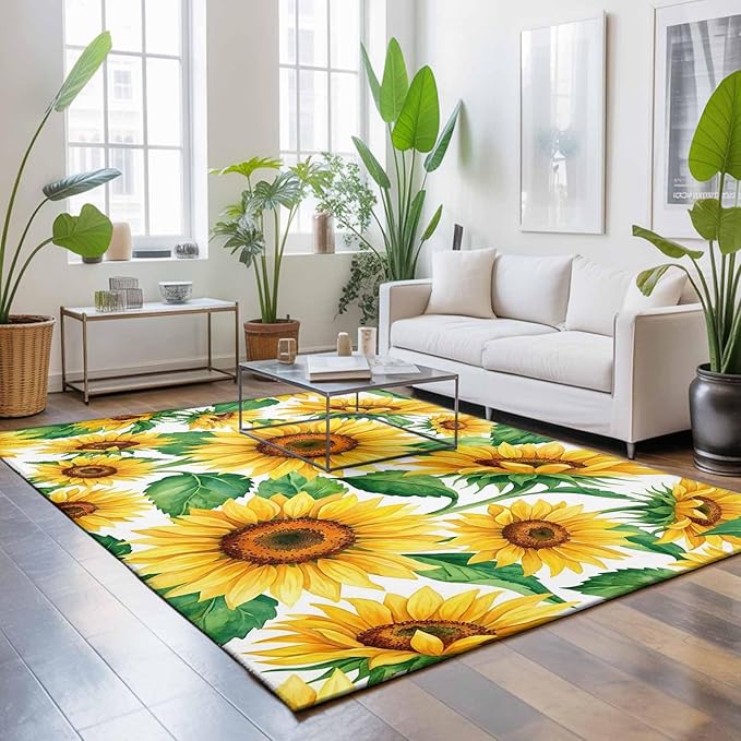 Area Rug 4x6ft, Summer Garden Sunflower Leaves Washable Rugs for Living Room Bedroom, Farm Blossom Floral Soft Non-Slip Area Rugs Rectangle Floor Carpet for Dining Room