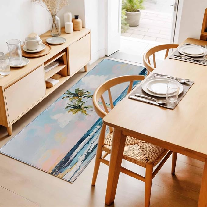 Runner Rug for Bedroom Hallway, Summer Blue Ocean Surfboard Kitchen Runner Rugs Area Rug 2x6ft, Tropical Plant Palm Tree Washable Soft Floor Carpet for Entryway Stair