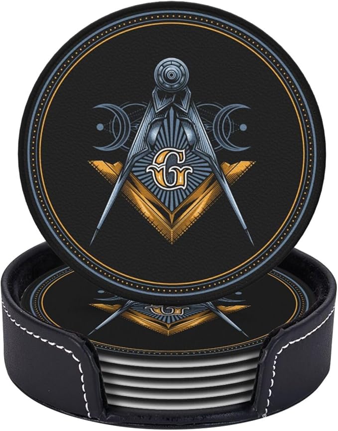 Masonic Freemason Gold Leather Drinks Coasters with Holder, Set of 6, Suitable for Various Cups