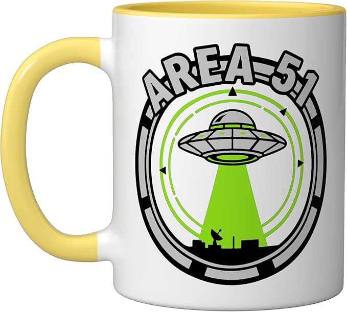Area 51 UFO Alien Conspiracy Flying Saucer Design Ceramic Mug, Yellow/White