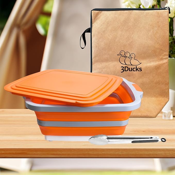 Collapsible BBQ Prep Tub with Locking Cutting Board Lid & Strainer – Portable Grill Prep Station for Marinating & Food Prep, Foldable Camping Sink for BBQ, Picnic & Outdoor Cooking (Orange)