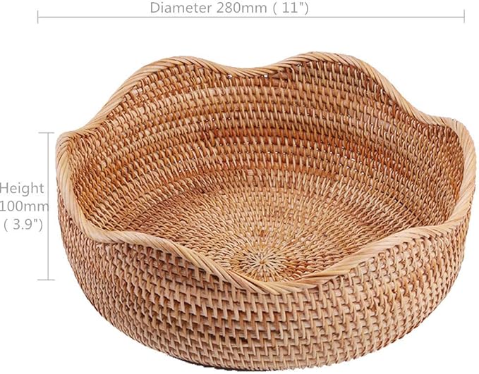 Handmade Rattan Round Fruit Basket Food Storage Bowls Kitchen Organizer Snack Serving Bowl, 11 Inch Boho Wicker Bread Bowl Woven Basket Décor for Nuts with 3”Side and Wavy Edge (Large 11")