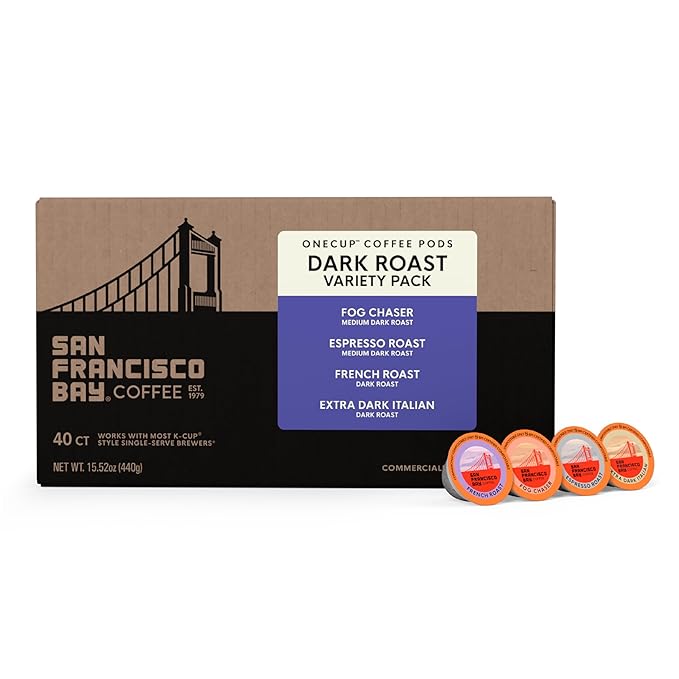 San Francisco Bay K-Cup Coffee Pods Dark Roast Variety Pack (40 ct), Includes Fog Chaser, Espresso Roast, French Roast, & Extra Dark Italian, Commercially Compostable Single-Serve Coffee Pods