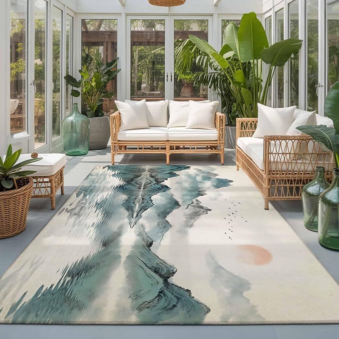 Area Rug 3x5ft, Chinese Zen Landscape Ombre Washable Rugs for Living Room Bedroom, Abstract Mountain Lake Soft Non-Slip Area Rugs Rectangle Floor Carpet for Dining Room