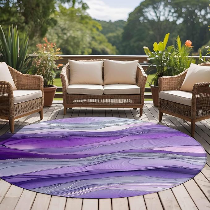 Washable Round Area Rug Abstract Art Purple Gray Wave Circle Rugs Floor Carpet for Living Room Bedroom, Vintage Marble Texture Soft Non Slip Round Rug 5ft