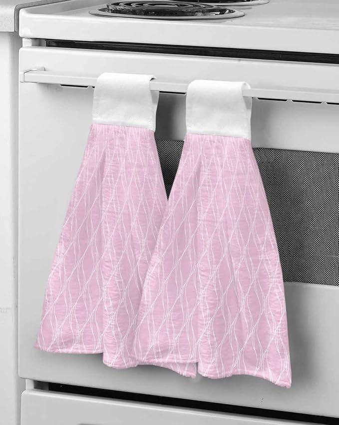 Alandar Home Kitchen Tie Towel Set of 1, Abstract Long Waves on Pink Absorbent Soft Hand Towels for Bathroom Hanging Towels, Modern Geometric Art Fast Drying Cleaning Cloth with Loop