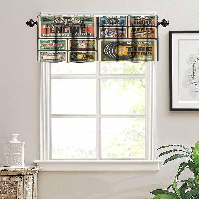 Cars Repair Service Valance Curtain Vintage Car Spare Parts, Auto Repair Service and Mechanic Garage Curtains Valances for Kitchen Living Room Bathroom Decor with Rod Pocket, One Panel 54X18 Inches