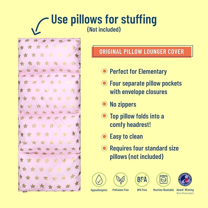 Wildkin Kids Pillowcase Lounger Cover – Travel-Friendly Sleepover Lounger, Fits Standard Pillows (Pillows Not Included), Soft Cotton Blend, Fun Patterns for Boys & Girls - Pink and Gold Stars