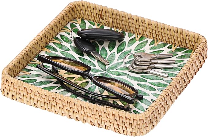 Woven Key Basket for Entryway Table Wicker Basket Tray Key Holder Decorative Serving Tray with Mother-of-Pearl Inlay for Jewelry, Green