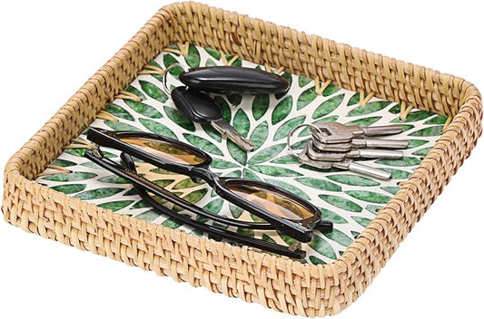 Woven Key Basket for Entryway Table Wicker Basket Tray Key Holder Decorative Serving Tray with Mother-of-Pearl Inlay for Jewelry, Green