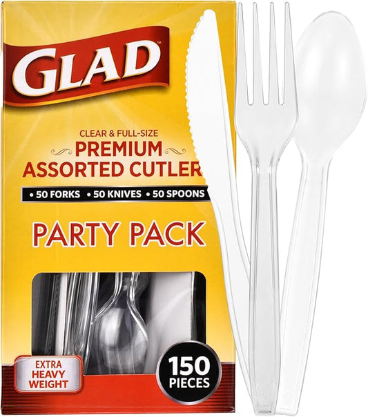 Glad Clear Disposable Cutlery Set with Heavy Duty Plastic Forks, Knives, and Spoons, Reusable Dishwasher Safe Plastic Utensils for Parties and Everyday Use, 150 Count