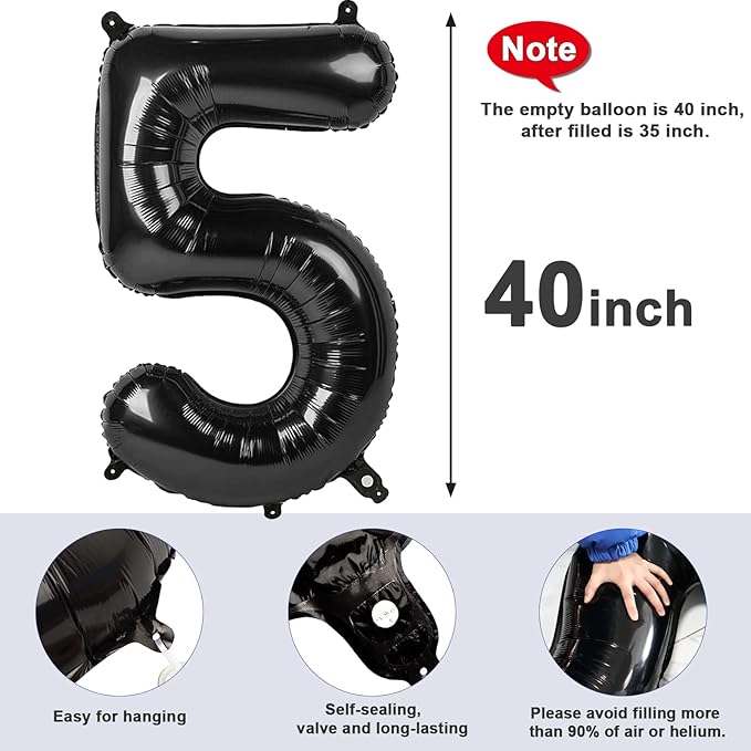 5 Balloon Number Black Party Decorations for Girl Boys, 40 In Big Five Balloons for Engagement, Wedding, Celebration Party, Graduations, Photo Shoot