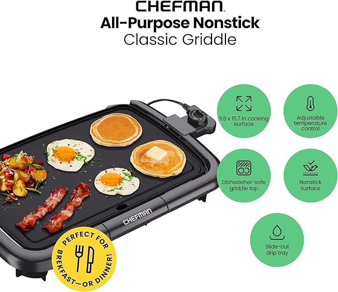 Chefman Electric Griddle with Removable Temperature Control, Immersible Flat Top Grill, Burger, Eggs, Pancake Griddle, Nonstick Easy Clean Cooking Surface, Slide Out Drip Tray, 10 x 16 Inch