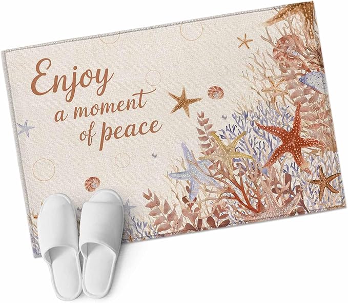 Area Rug 2x3ft, Orange Marine Starfish Coral Seaweed Washable Rugs for Living Room Bedroom, Peace Quote on Linen Soft Non-Slip Area Rugs Rectangle Floor Carpet for Dining Room
