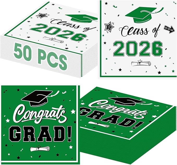 50 Pcs Graduation Napkins Decorations - Green Class of 2026 Congrats GRAD 3-Ply Paper Cocktail Dinner Napkins Set for 2026 Graduation Party Supplies Table Decor Favors, 6.5 x 6.5 Inch